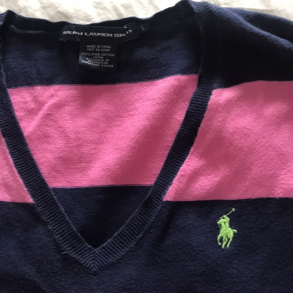 Polo Ralph Lauren Sport V Neck Sweater in Pink and Blue Horizontal Stripes. - Picture 4 of 6
